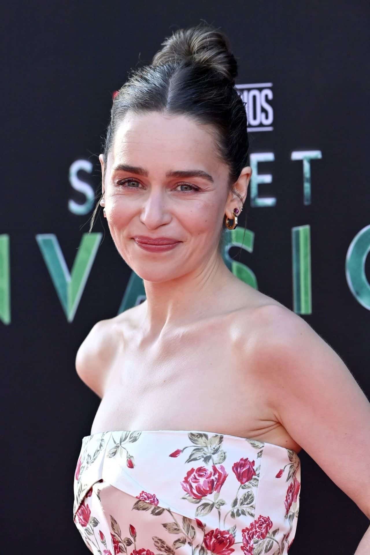 Emilia Clarke in White Floral Dress at Marvel's Secret Invasion Launch