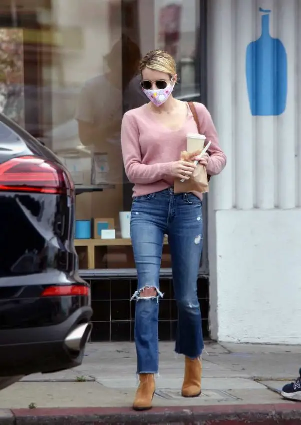 Emma Roberts Cuts a Casual Chic Look in a Pink Sweater in LA
