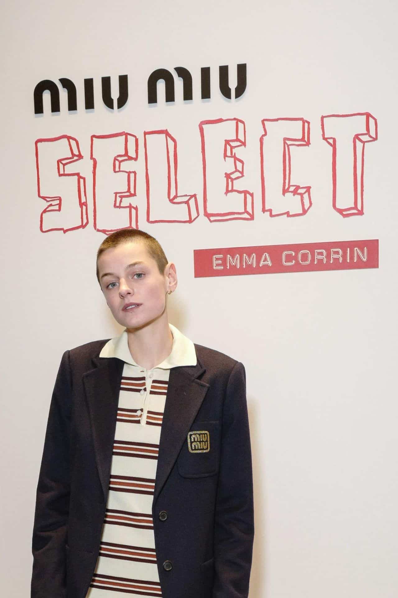 Emma Corrin Radiates London Elegance in Layered Ensemble at Miu Miu Event
