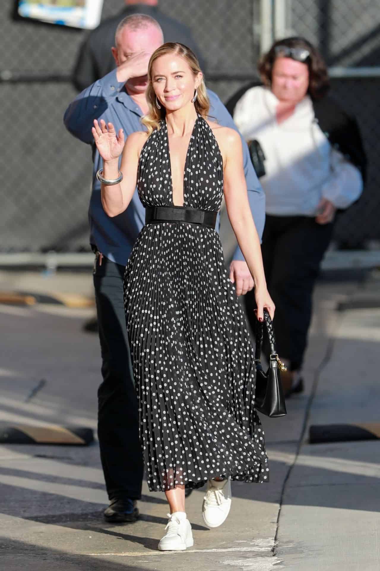 Emily Blunt Radiates Casual Elegance in Polka Dot Dress and Sneakers