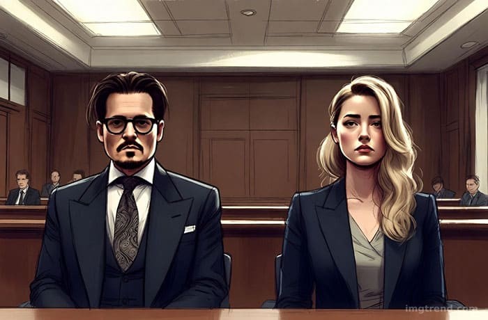 Editorial illustration of Johnny Depp and Amber Heard in a courtroom setting, serious expressions