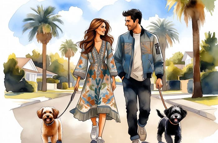 Fashion illustration of Ana de Armas in a floral dress and Ben Affleck in a t-shirt walking dogs in LA