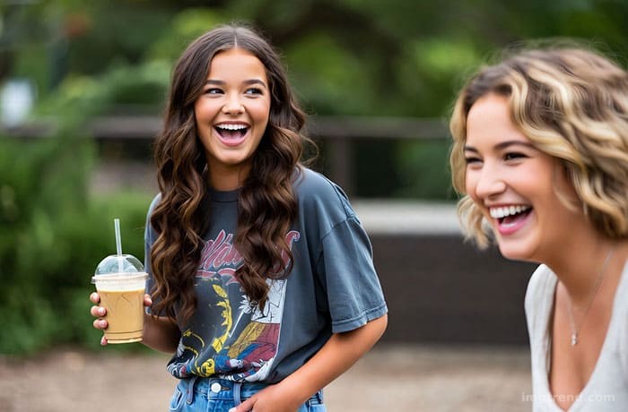 Illustration of Bailee Madison in a casual graphic tee and vintage jeans, holding an iced coffee and laughing