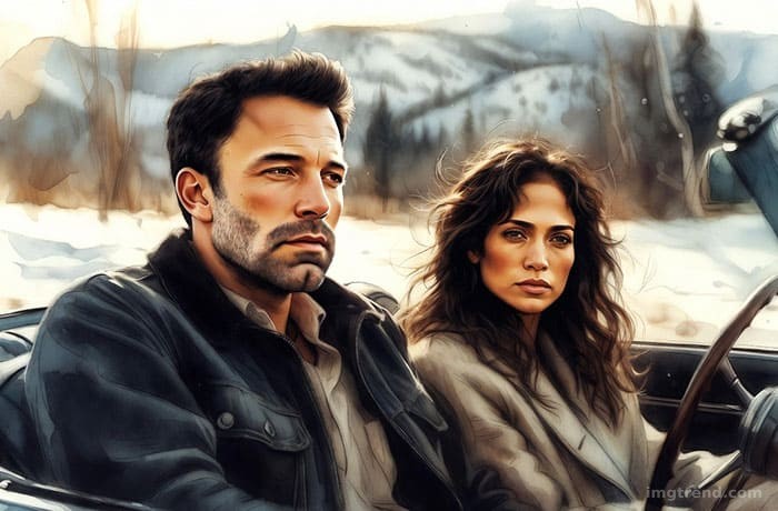 Editorial illustration of Jennifer Lopez and Ben Affleck in a vintage convertible driving through Montana