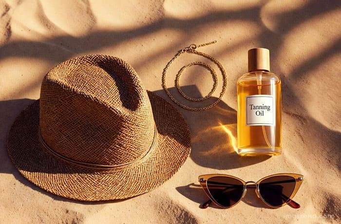 Illustration of beach essentials: woven sun hat, gold body chains, sustainable sunscreen, and a textured bikini