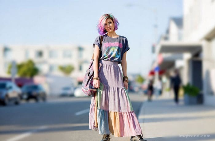 Fashion sketch of Halsey wearing a tiered floral maxi skirt, combat boots, and a cropped band t-shirt