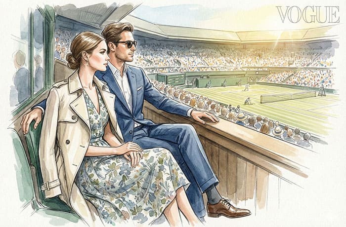 Fashion illustration of Tom Cruise and Hayley Atwell attending Wimbledon 2021