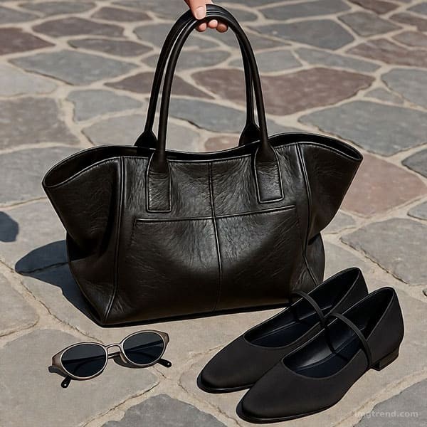 Detail illustration of Jennifer Lawrence's accessories: large leather tote bag, oval sunglasses, and comfortable flat shoes