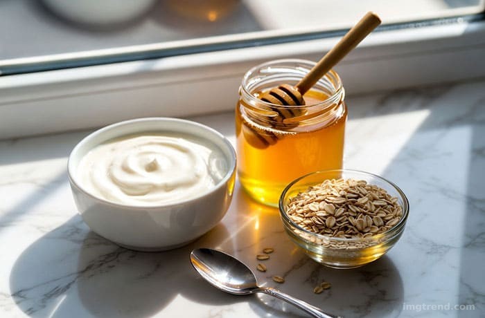 Flat lay illustration of natural skincare ingredients: yogurt, oats, honey, and coconut oil in ceramic bowls