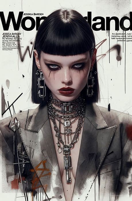 Fashion illustration of Jessica Barden in a chaotic, bohemian-punk inspired room wearing mismatched layers and chunky boots