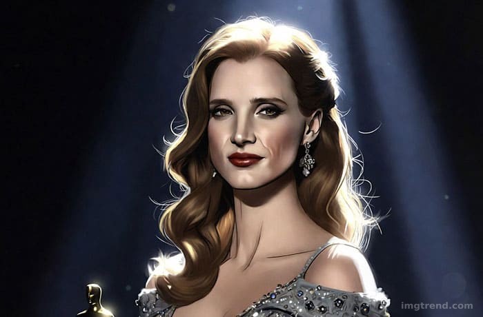 Editorial sketch of Jessica Chastain holding an award, wearing a glamorous gown, symbolizing her Oscar win