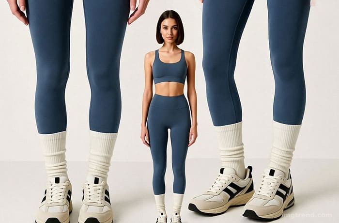 Fashion sketch of Kaia Gerber in a matching navy workout set with white socks and sneakers