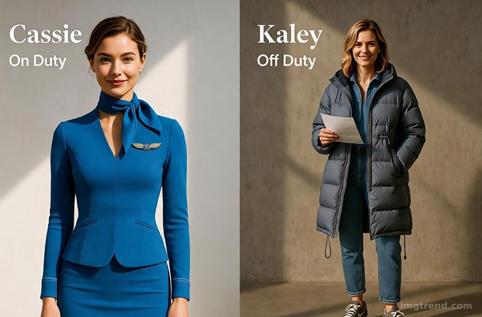 Split panel illustration showing Cassie Bowden in a flight attendant uniform vs. Kaley Cuoco in comfortable set clothes