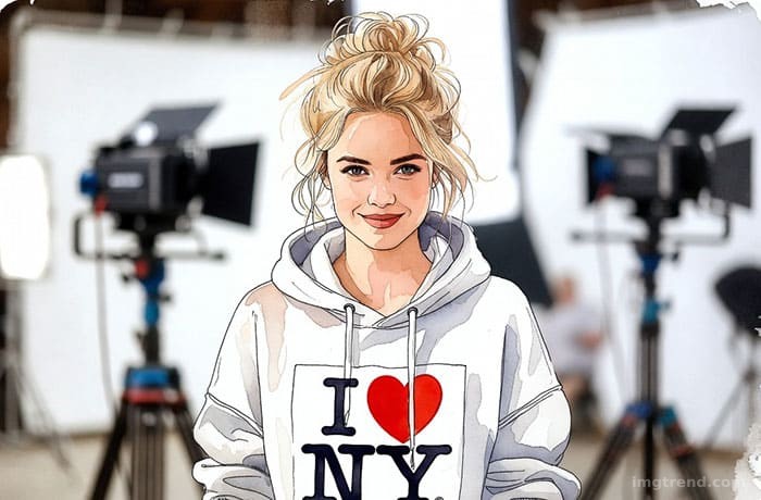 Fashion sketch of Kaley Cuoco wearing a white I Love NY hoodie and leggings on a city street