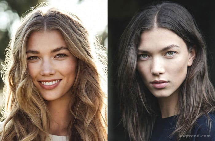 Split editorial illustration comparing Karlie Kloss as a golden blonde versus her sleek new brunette look