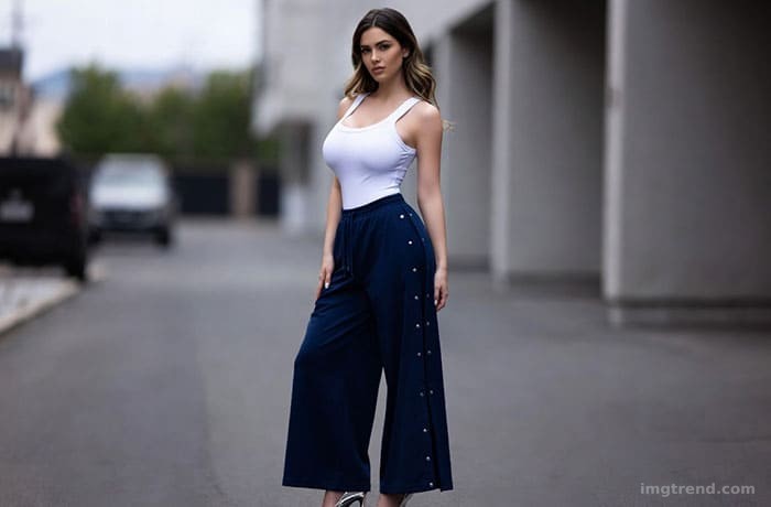 Fashion sketch of Kim Kardashian wearing oversized Adidas track pants with pointed-toe heels and a tight bodysuit