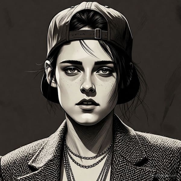 Detailed illustration of Kristen Stewart in a structured blazer and baseball cap, showcasing her androgynous style