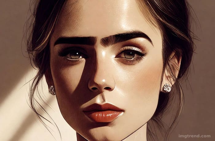 A close-up fashion portrait illustration highlighting Lily Collins' signature bold brows and sophisticated styling