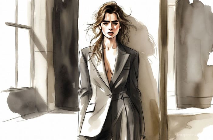 Fashion illustration of Lily Collins in a structured, architectural outfit posing for a magazine editorial