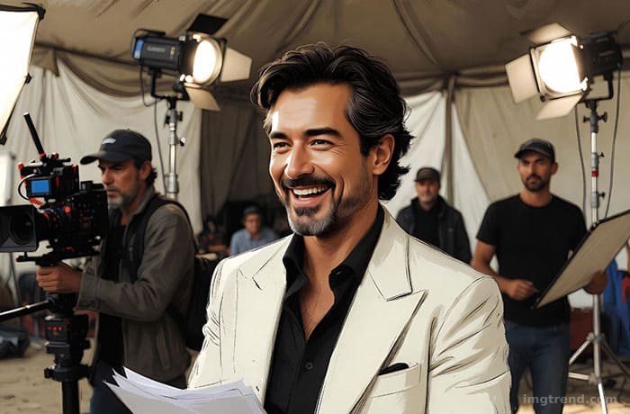 Sketch of Mario Lopez on a film set wearing the Colonel Sanders costume, laughing with crew members