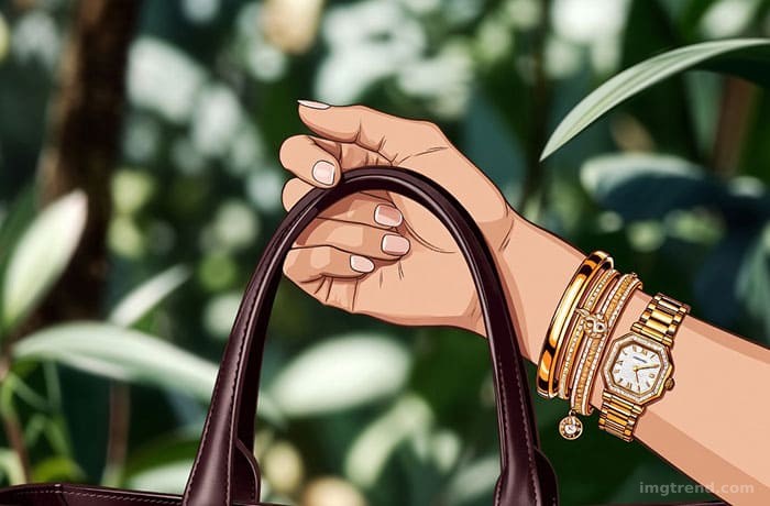 Detail illustration of gold jewelry stacked on a wrist and a structured leather tote bag