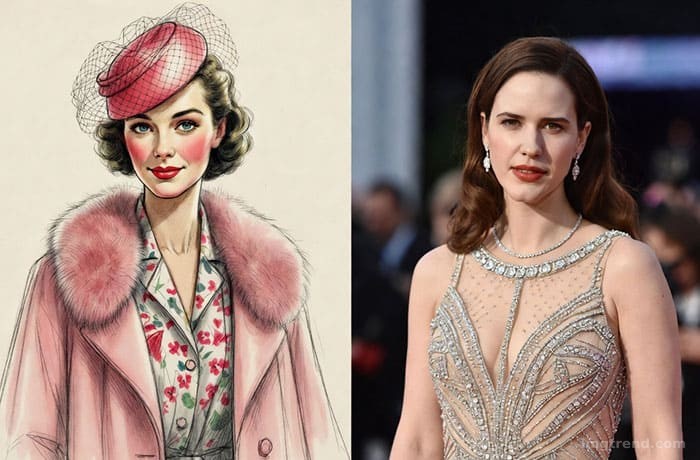 Split-panel editorial illustration comparing a 1950s Midge Maisel look with Rachel Brosnahan's modern red carpet style