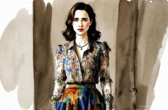 Fashion illustration of Rachel Brosnahan in a vibrant, retro-inspired outfit posing for a magazine shoot