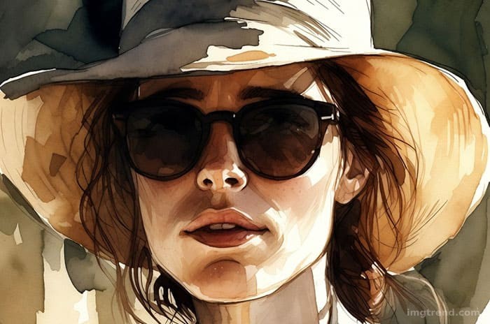 Soft watercolor sketch of Rachel McAdams smiling in a sunhat and sunglasses
