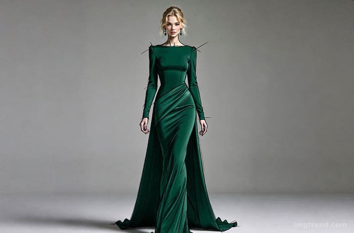 Fashion illustration of Reese Witherspoon in a green high-neck dress on the red carpet