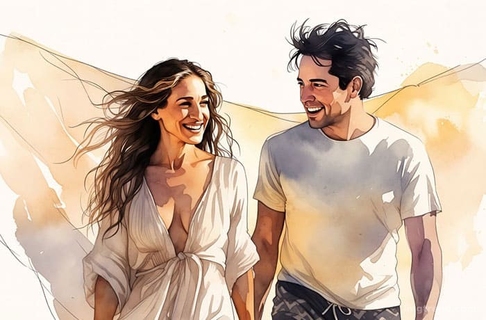 Editorial illustration of Sarah Jessica Parker and Matthew Broderick walking on the beach, casual summer attire