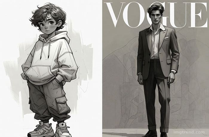 Editorial sketch comparing Sofia Richie's early streetwear look with her current elegant aesthetic