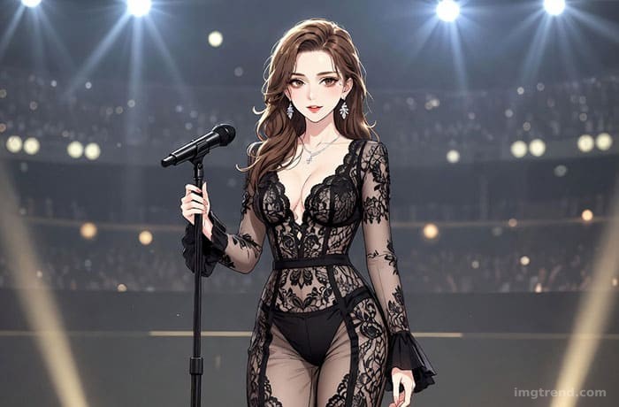 Fashion illustration of Taylor Swift singing on stage in a black sheer lace catsuit with blue stage lighting