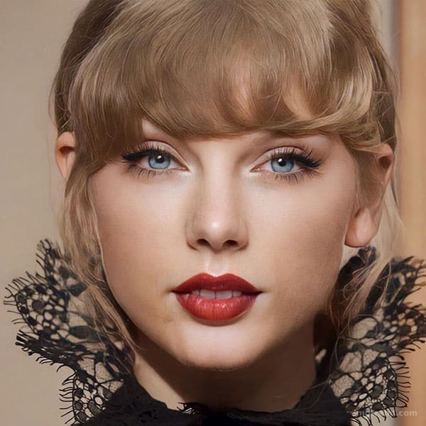 Close-up beauty illustration of Taylor Swift with a red lip and blonde bangs, wearing a high-neck lace collar
