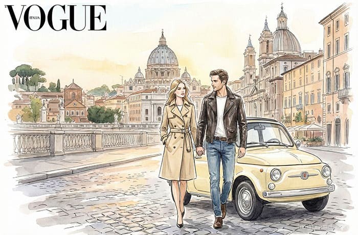 Editorial illustration of Tom Cruise and Hayley Atwell filming in Rome, handcuffed together near a Fiat 500