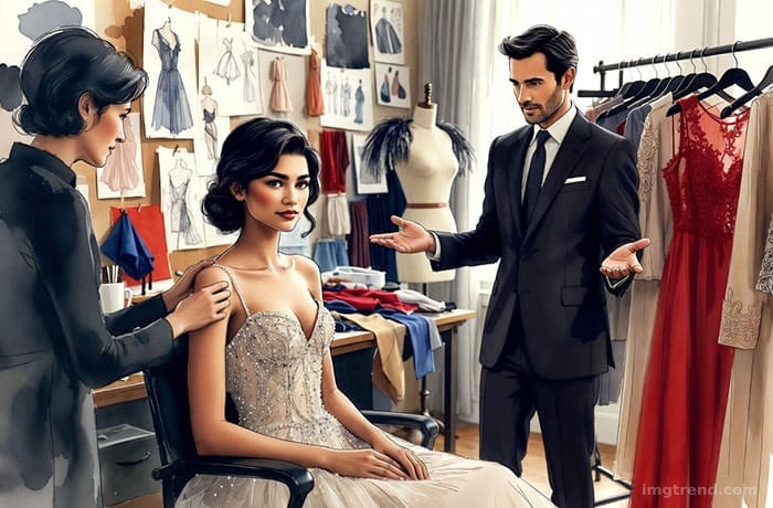 Fashion sketch of Zendaya and Law Roach working together in a design studio, surrounded by couture garments