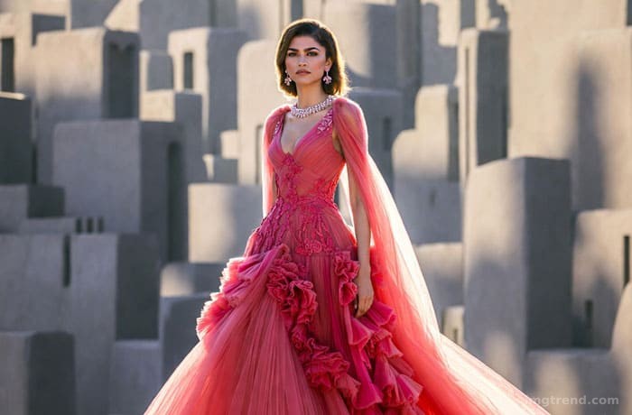 Editorial illustration of Zendaya posing in a flowing Valentino couture gown