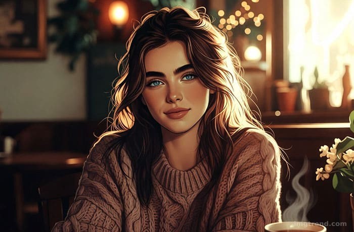 Editorial illustration of Zoey Deutch smiling in a bakery setting, wearing a cozy sweater and holding a pastry